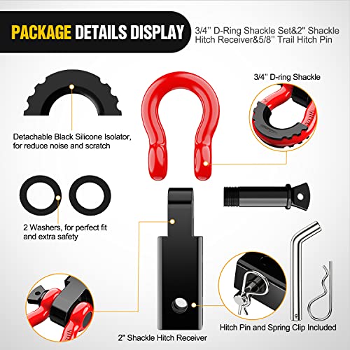 Nilight Shackle Hitch Receiver 2inch for Vehicle Recovery with 3/4" Shackle - color: Black+Red