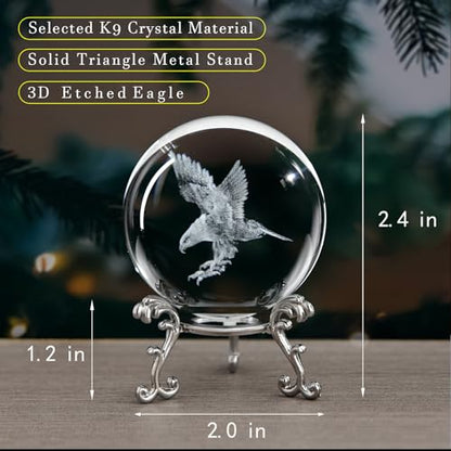 3D Engraved Eagle Crystal Ball with Stand Laser Etched Glass Eagle Figurine Carving Crystal Sphere Paperweight(2.4 in) - color: Clear_eagle