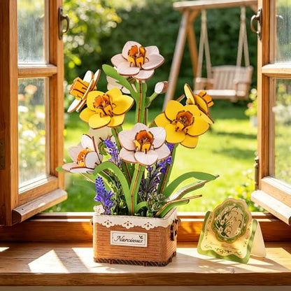 Rolife 3D Flower Wooden Puzzles-Daffodils Narcissus, DIY Flowers Model Kit Building Set Crafts for Adults, Botanical Collection Ideal Creative Birthday Gift, Artificial Flowerpot for Decor and Display