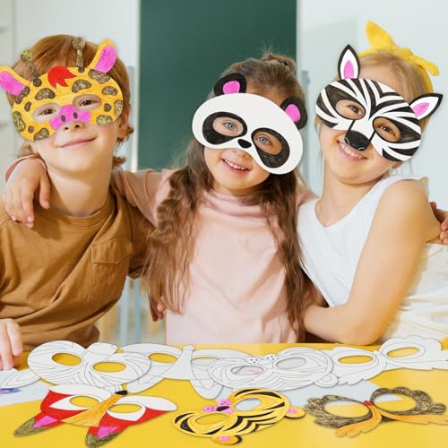 24 PCS Color Your Own Paper Masks, DIY Masks Craft Art Kits for Kids, Birthday Party Favors, School Coloring Activities - style: Animals
