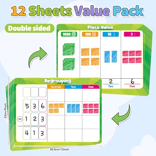 12 Pack Place Value Chart Dry Erase Flash Cards,9" x 12" Base Ten Addition and Subtraction Regrouping Math Manipulatives 1st 2nd 3rd Grade Classroom Must Haves Teacher Homeschool Supplies - color: Green