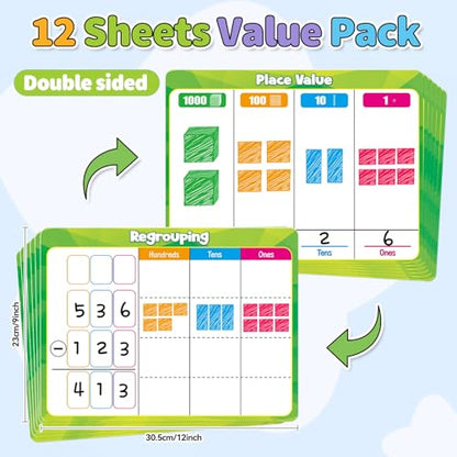 12 Pack Place Value Chart Dry Erase Flash Cards,9" x 12" Base Ten Addition and Subtraction Regrouping Math Manipulatives 1st 2nd 3rd Grade Classroom Must Haves Teacher Homeschool Supplies - color: Green