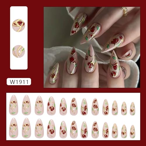 24Pcs Medium Almond Press on Nails Spring Fake Nails with Designs Full Cover Glue on Nails Flower False Nails Glossy Pink Summer Stick on Nail for Women - color: Style20