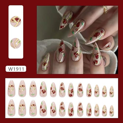 24Pcs Medium Almond Press on Nails Spring Fake Nails with Designs Full Cover Glue on Nails Flower False Nails Glossy Pink Summer Stick on Nail for Women - color: Style20