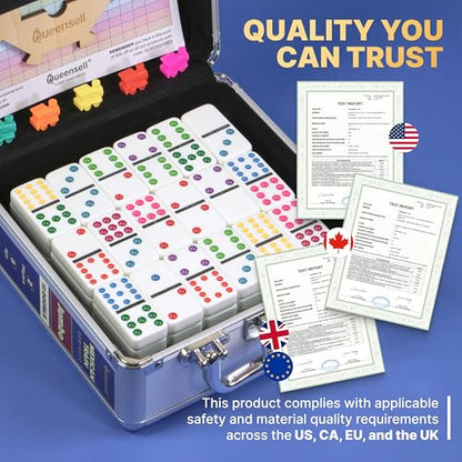 Queensell Mexican Train Dominoes Set with Jumbo Tiles – Double 12 Dominoes Set for Adults, 91 Tiles with Colorful Dots, Wooden Hub, Train & Aluminum Case - size: D12 Jumbo