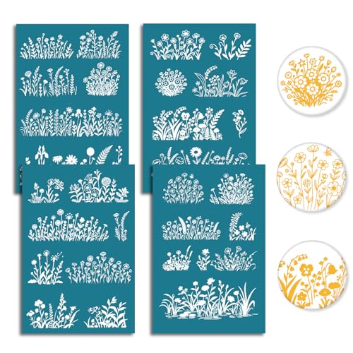 4Pcs 4 Styles Floral Silk Screen Stencils Clay Large Silkscreen 3.9 x 6 Inch Wildflowers Pattern Reusable Nylon Printings Stencil for Polymer Clay Wood Fabric Jewelry Making DIY Crafts - color: Flower