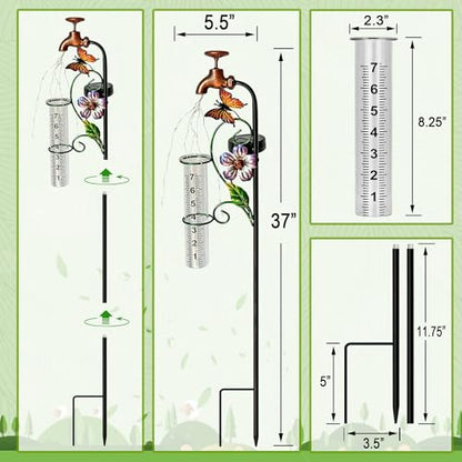 37in Solar Butterfly Rain Gauge Copper Faucet Metal Garden Stake Decor - color: Bronze Faucet