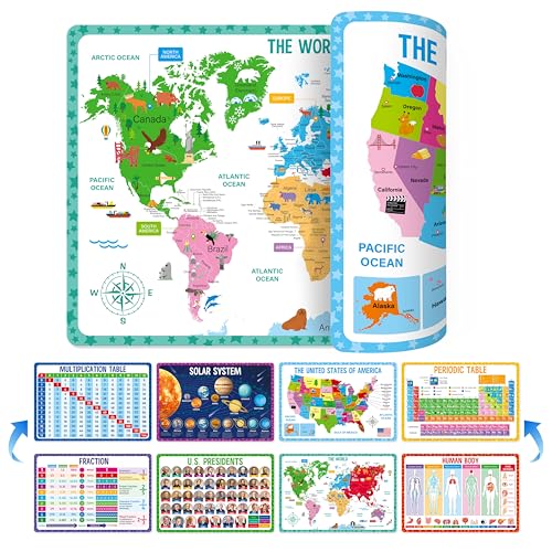 4 Pack Double-Sided Placemats, Washable & Reusable Table Mats -Math, Universe, Periodic Table, US President, Human Body, Map of USA & World Educational Placemats for Home, Kindergarten, Classroom - style: Popular Science-Double-Sided