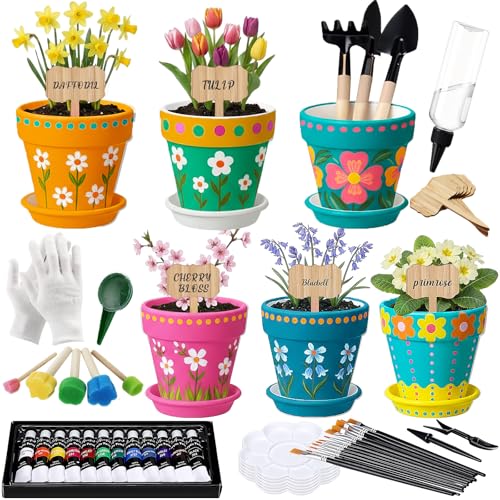6 Sets DIY Flower Pot Painting Kit 6 White Terracotta Flower Pots with Saucer Planting Gardening Tools 12 Color Acrylic Paints Set Plant Growing Crafts Spring Garden Gift