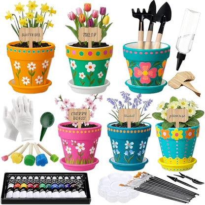 6 Sets DIY Flower Pot Painting Kit 6 White Terracotta Flower Pots with Saucer Planting Gardening Tools 12 Color Acrylic Paints Set Plant Growing Crafts Spring Garden Gift