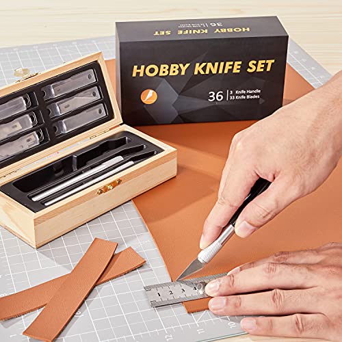 Headley Tools Precision Craft Hobby Knife Set (38pcs) with Wooden Chest, Razor Sharp Knives for Scrapbooking, Art Modeling, Sculpture, Wood&Leather Working- Fine Point, Scoring, Chiseling Blades