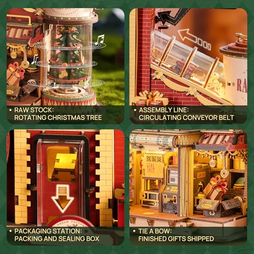 ROKR 3D Puzzle for Adults Christmas Dream Gift Factory Wooden Model Kit Luminous Factory DIY Dollhouse Kit Building with Music, Lights and 5 Elves for Adults