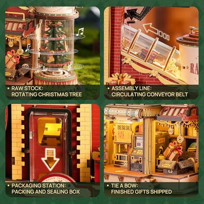 ROKR 3D Puzzle for Adults Christmas Dream Gift Factory Wooden Model Kit Luminous Factory DIY Dollhouse Kit Building with Music, Lights and 5 Elves for Adults