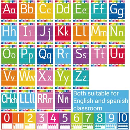 41 Pcs Bright Alphabet for Classroom ABC Posters and 0-10 Number Line Cards Colorful Letters Suitable for English Classroom and Spanish Classroom (English and Spanish ABC Bright) - color: Spanish Abc Bright