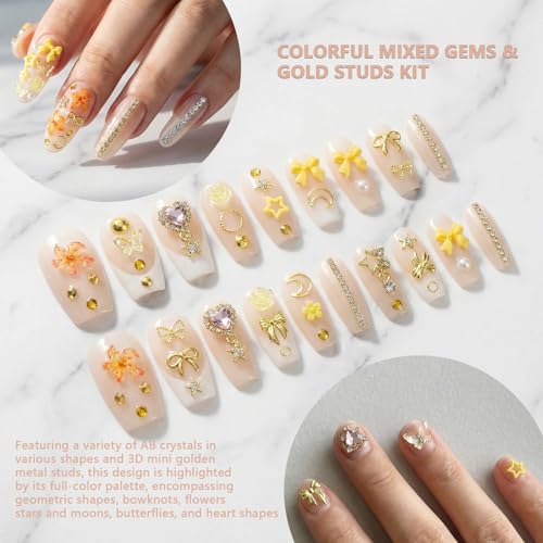 Nail Art Starter Kit with Metal Tweezers | 100Pcs Cute 3D Charms Like Bows, Butterflies, Chains & Stars | Gold & Silver Nail Rhinestones for Manicure, Junk Journaling