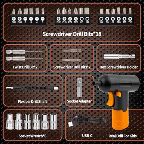 Kids Tool Set, Kids Tool Box, Small Drill, 32pcs Real Toolbox for Child, Drill Set with Charger & Portable Case, Educational DIY Toys for Boys & Girls