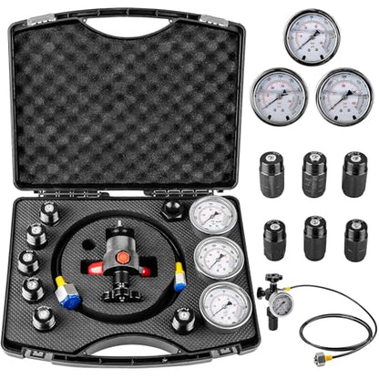 Hydraulic Nitrogen Accumulator Charging Kit, Nitrogen Fill Kit Hydraulic Pressure Test Kit with 3 Gauges 1500/4500/6000 psi, 7 Adapters, Gas Hose & Main Valve Body Gas Charging Tool for Excavators - size: 3 Gauge Accumulator Charging Kit