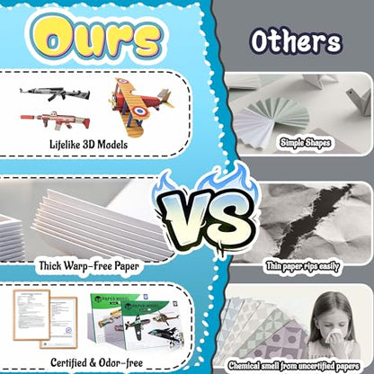 2 Themes in 1, 3D Model Paper Airplane Kits, DIY Origami Kit for Kids Ages 8-12, Include 16 Pre-cut, Easy-to-Assemble Gun & Aircraft Models, Origami Kit for Kids Ages 8-12, Paper Airplane Kits