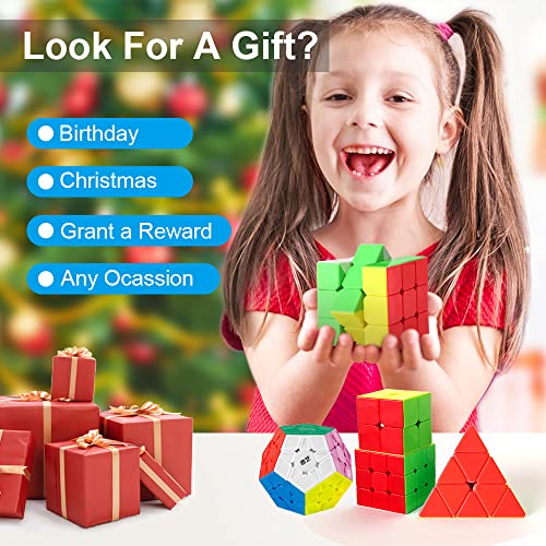 Roxenda Speed Cube Set, Speed Cube Bundle of 2x2 3x3 4x4 Megaminx Windmill Skew Cube and Pyramid Cube Smoothly Stickerless Magic Cubes Collection for Kids & Adults [7 Pack] - color: 7 Pack Stickerless