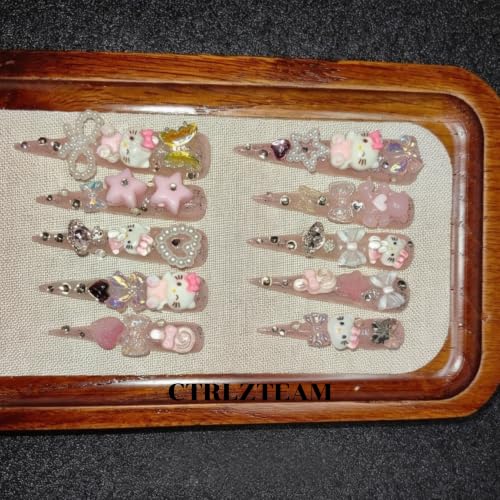 CTRLZTEAM Y2K Kawaii Press on Nails Extra Long Stiletto Pink Glitter Nails - color: Jelly Pink, size: S