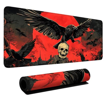 Red Moon Raven Extended Gaming Mouse Pad 35.4 x 15.7 Inch, Gothic Crow Large Desk Mat, Dark Fantasy Mouse Pad with Non Slip Rubber Base for Gaming Setup and Office - color: 51, size: 35.4"x 15.7"