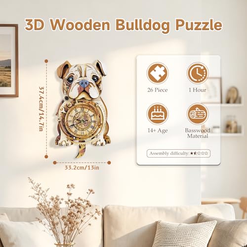 Kosmickiss 3D Puzzles for Adults, Wooden Bulldog Wall Clock Model Kits - color: Bulldog