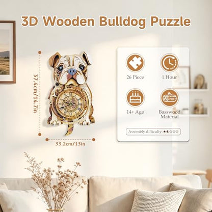 Kosmickiss 3D Puzzles for Adults, Wooden Bulldog Wall Clock Model Kits - color: Bulldog