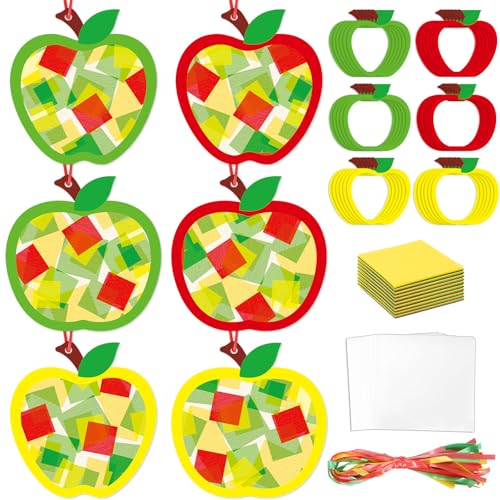 Qyeahkj 36 Set Fall Apple Suncatchers Crafts for Kids DIY Autumn Window Tissue Paper Craft Kit Hanging Decor for Back to School Home Activity Art Project Birthday Party Favor Gift - style: Fall Apple