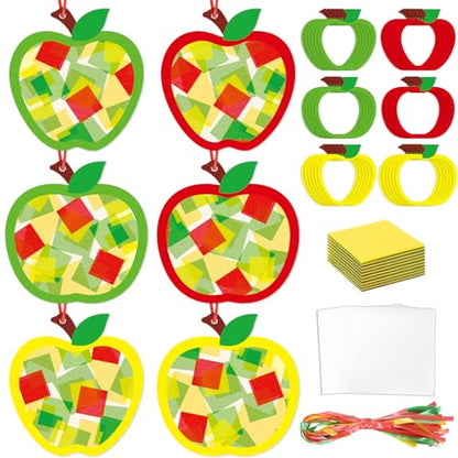 Qyeahkj 36 Set Fall Apple Suncatchers Crafts for Kids DIY Autumn Window Tissue Paper Craft Kit Hanging Decor for Back to School Home Activity Art Project Birthday Party Favor Gift - style: Fall Apple