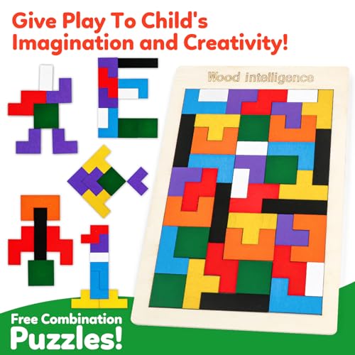 Wooden Brain Teaser Puzzles,Montessori Tangrams Pattern Blocks Logic Board Geometric Shapes Jigsaw Puzzle Games for Kids Ages 3-5,4-6(3Pack) - style: Puzzle set-3pcs