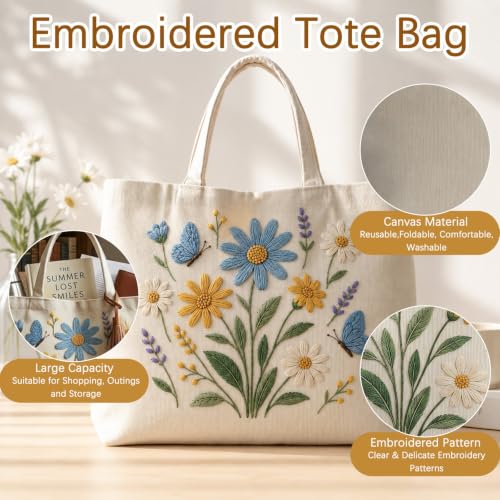 ARTopet Embroidery Tote Bag Kit for Beginners Flower Canvas Cross Stitch Handbag with Hoops Needles Threads Reusable Grocery Bag for Women-Flowers - color: Flowers