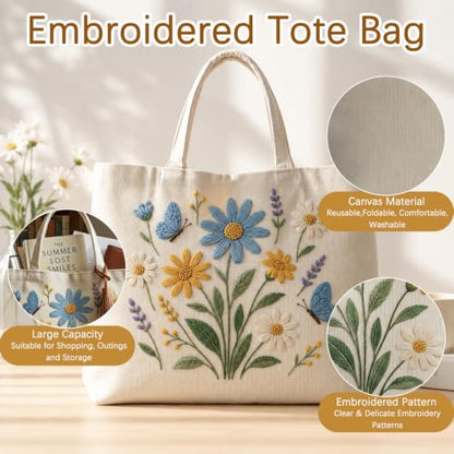 ARTopet Embroidery Tote Bag Kit for Beginners Flower Canvas Cross Stitch Handbag with Hoops Needles Threads Reusable Grocery Bag for Women-Flowers - color: Flowers
