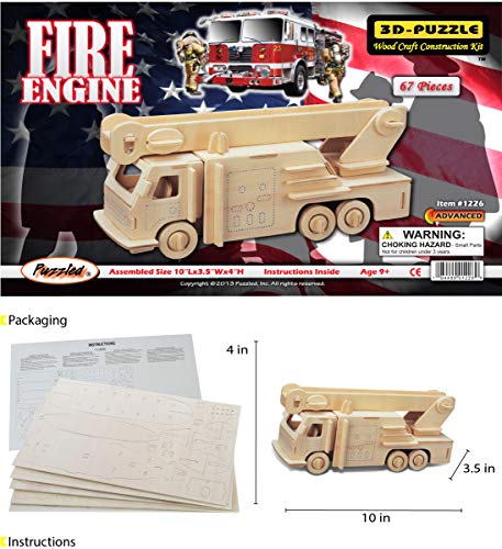 Puzzled 3D Puzzle Fire Engine Vehicle Wood Construction Kit - 67pcs Pack