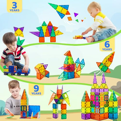 Bmag 130PCS Magnetic Tiles Building Blocks with 2 Cars | 3D Clear Magnet Blocks | STEM Preschool Toys for 3-9+ Kids | Christmas & Toddler Gift | Compatible with Major Brands - size: 130 PCS