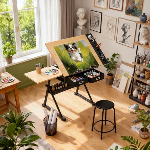 Magshion Drafting Table for Adults w/Stool, Natural - color: Natural & Black