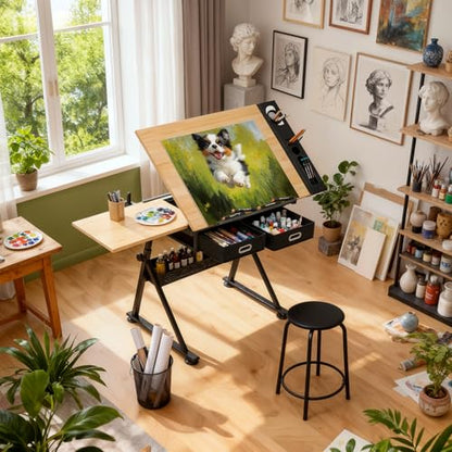 Magshion Drafting Table for Adults w/Stool, Natural - color: Natural & Black