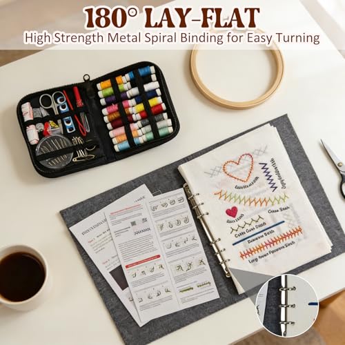 Bekecidi Embroidery Learning Book Kit for Beginners | 106 Stitch Patterns, 6-Inch Embroidery Hoop, 16.8x10.7 Inches Open Book Size, Hardcover Guide & Complete Sewing Tools Set