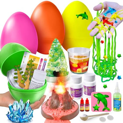 4 Jumbo Easter Basket Stuffer Surprise Eggs, Science Experiments for Kids, Easter Toys Gift Idea for Boys and Girls Educational Party Favor STEM Activities Volcano Crystal Tree