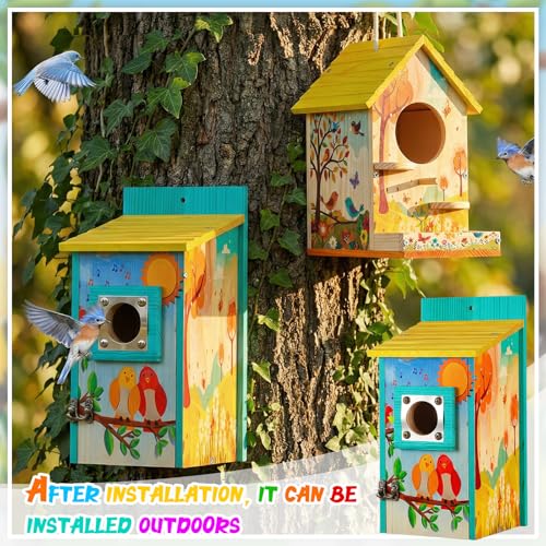 Liliful 4 Pack Bird House Kit for Kid, Wood DIY Birdhouse, Playful Style - color: Playful Style