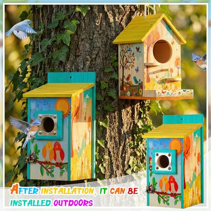Liliful 4 Pack Bird House Kit for Kid, Wood DIY Birdhouse, Playful Style - color: Playful Style