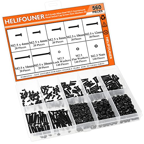 HELIFOUNER 560 Pieces M2.5 x 4mm /6mm /8mm /10mm /12mm /16mm /20mm, Countersunk Head Socket Cap Screws Bolts Washers Nuts Kit, 10.9 Grade Alloy Steel, Full Threaded, Black - size: M2.5, style: Countersunk Head