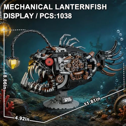 Mechanical Angler Fish Building Blocks Set – 1038PCS Steampunk Deep Sea Creature Model, Ocean Animal STEM Kit for Adults, 3D Collection Puzzle with LED Lantern & Movable Jaw