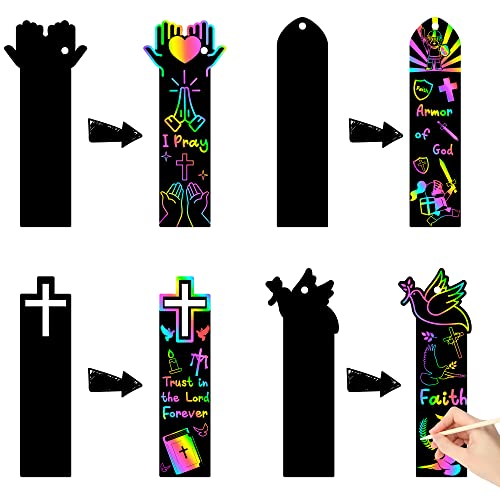 CY2SIDE 60PCS Religious Scratch Bookmarks, DIY Crosses Rainbow Color Paper Cards Craft Kits for Christian Sunday School Church, Easter Magic Art Project for Vacation Bible Classroom