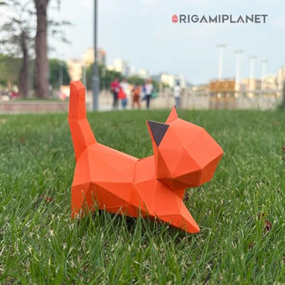 ORIGAMIPLANET 3D Origami Paper Craft Kit, Walk Kitten Cute DIY Pre-Cut Animal Papercraft Model for Beginners, Fun Handmade Home Decoration Gift for Adults & Teens-Orange