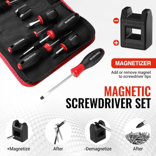 WORKPRO 10-Piece Magnetic Screwdriver Set with Pouch, Red - color: Red