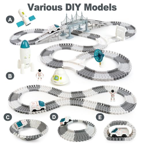 BEMITON Race Track Toy for Kids - Best Birthday Gift for 3 4 5 6 7 Year Old Boys, 290+ PCS DIY Flexible Track Playset, Creative Building Toys - color: White Space Race Track