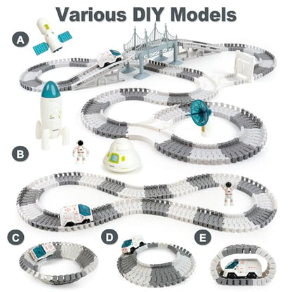 BEMITON Race Track Toy for Kids - Best Birthday Gift for 3 4 5 6 7 Year Old Boys, 290+ PCS DIY Flexible Track Playset, Creative Building Toys - color: White Space Race Track