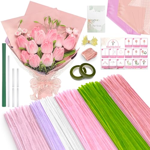 LINAYE 500 PCS Pipe Cleaners Craft, 6 Colors Pipe Cleaners Flowers Kit, Chenille Stems for Crafts with Instruction Wrapping Paper, Flower Stamens, Stems Art and Craft Supplies Pink (12inch x 6mm) - color: Pink