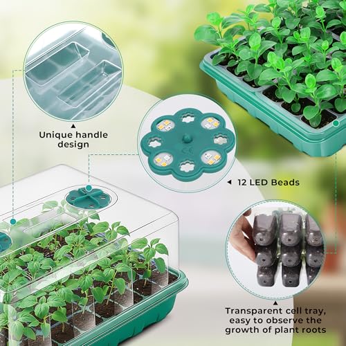 Hanaoyo 96 Cells Seed Starter Tray with Lights, 2 Packs Seed Starter Kit with Humidity Vented Domes and High Lid, Adjustable Brightness Germination Kit for Indoor Greenhouse Seed Starter - size: 2 Pack With Light