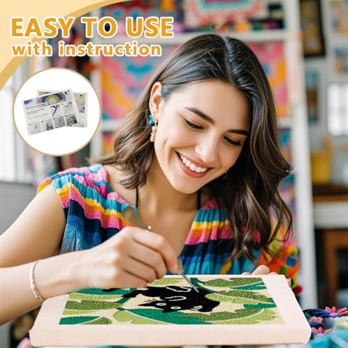 DOODLREAM Cat Leaves DIY Punch Needle Embroidery Kit for Adult Beginner, 9.4" Cute Cat and Plant Leaves Punch Stitching Craft Set for Starter with Frame, Fabric Pattern, Threader, Yarn, Punch Needle - color: Cat